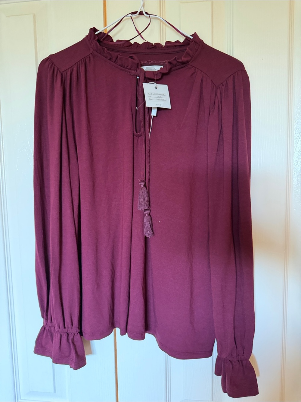 Cupio Burgundy Ruffle-Neck Tassel Tie Blouse